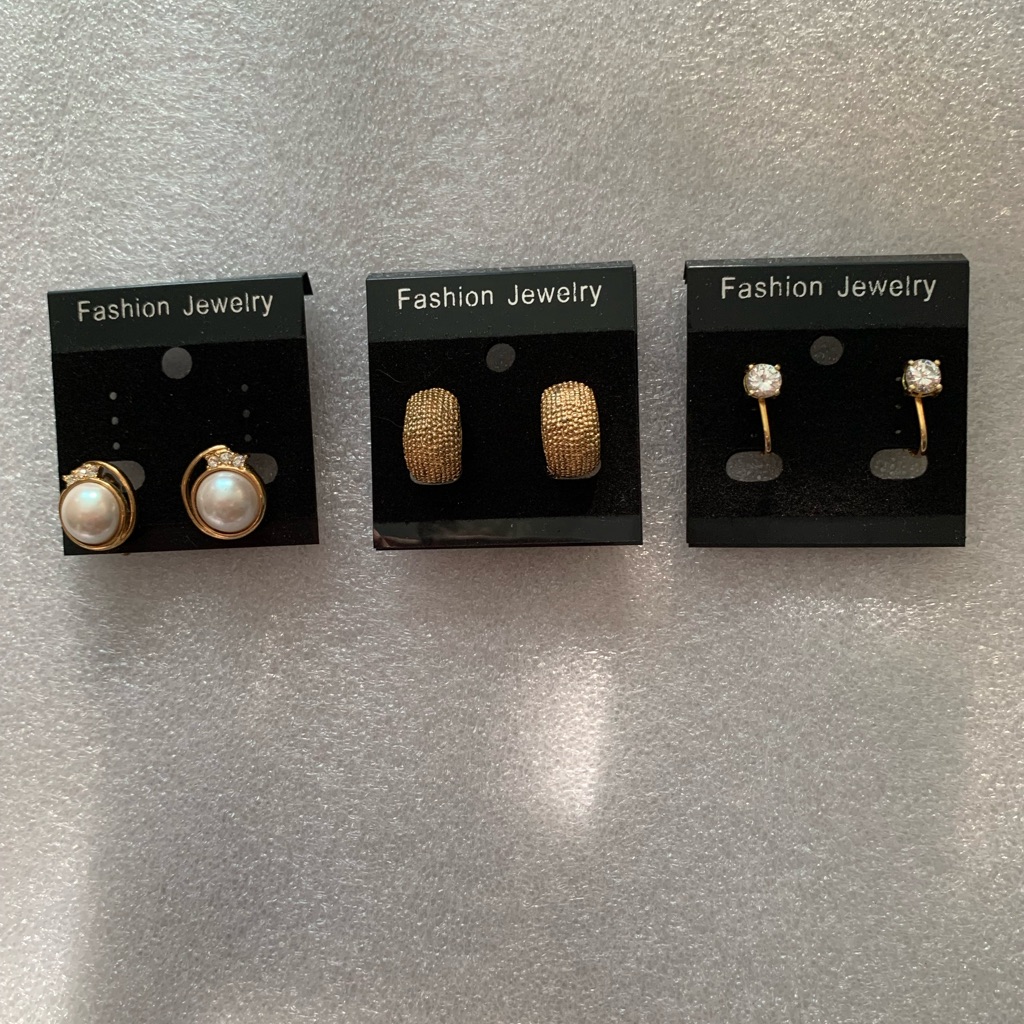 Three Pair Clip On Earrings Large Pearl With Rhinestones Sm Gold Hoops Crystal 20$